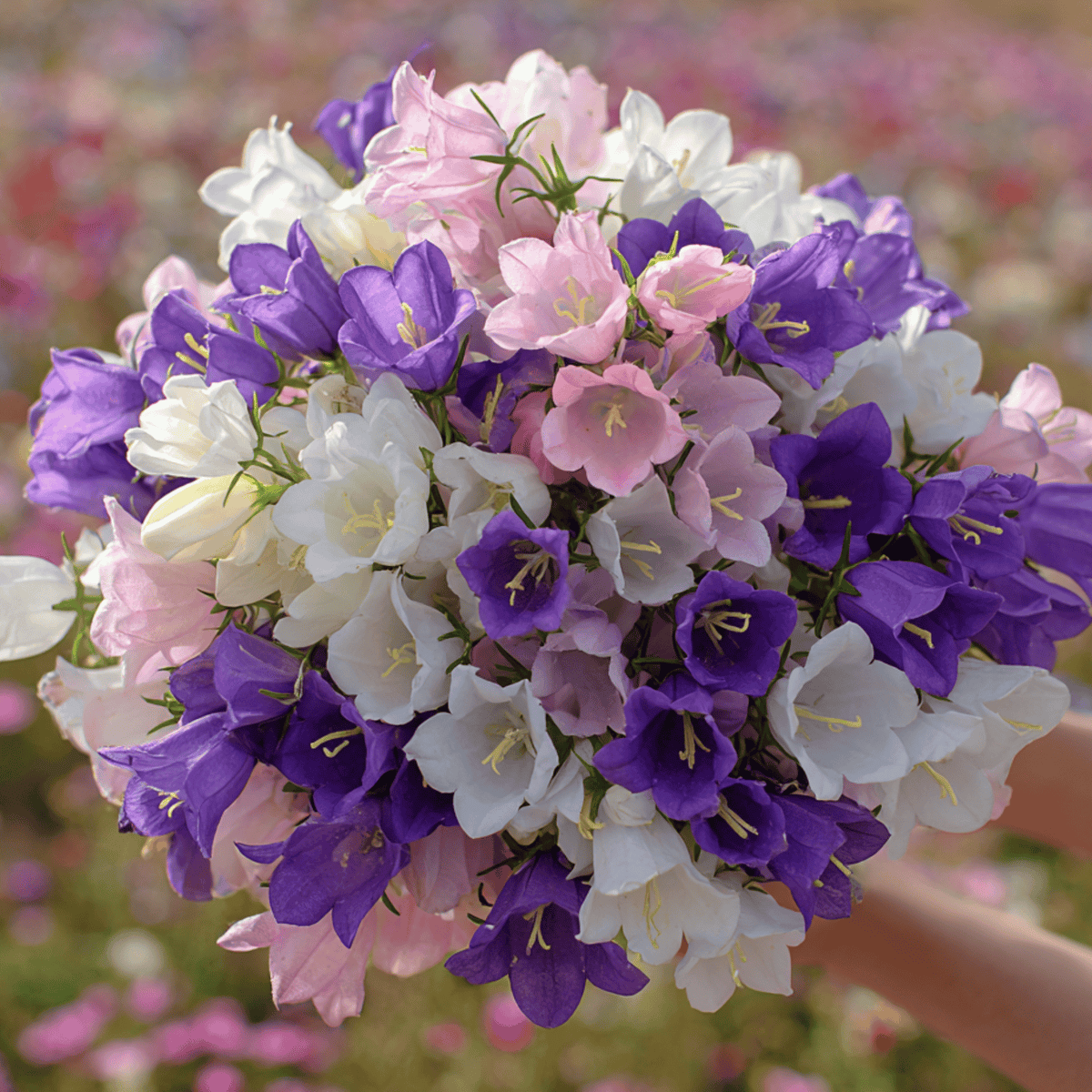 Canterbury bells flower mix with purple, pink, and white blooms