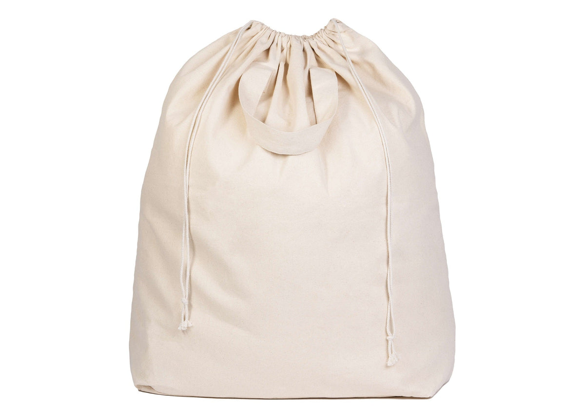 Off-white canvas laundry bag with drawstring closure and gathered top