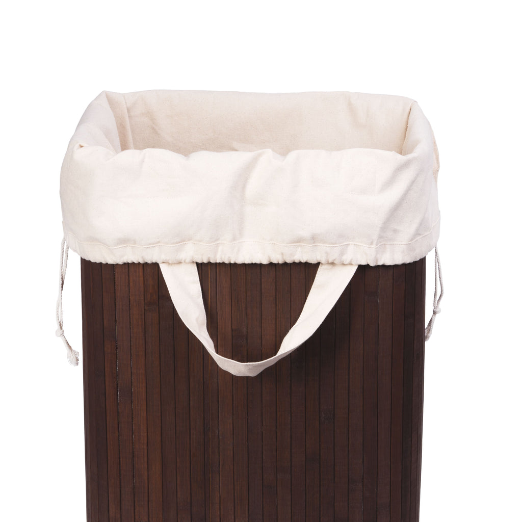 Cream canvas laundry bag with drawstring top, dark ribbed base insert