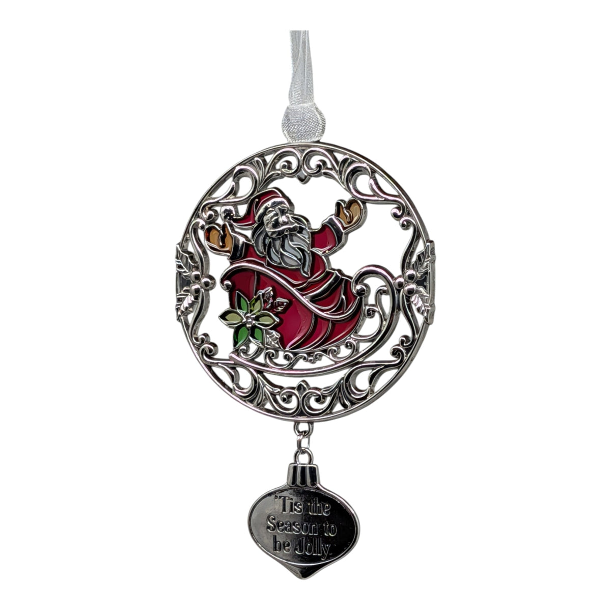 Santa jolly Christmas ornament with silver filigree border, red suit, green holly motif