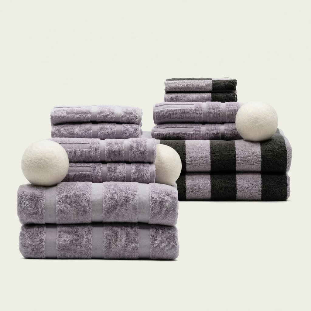 Lavender and charcoal cotton towels set with striped bath towel and solid towels, stacked