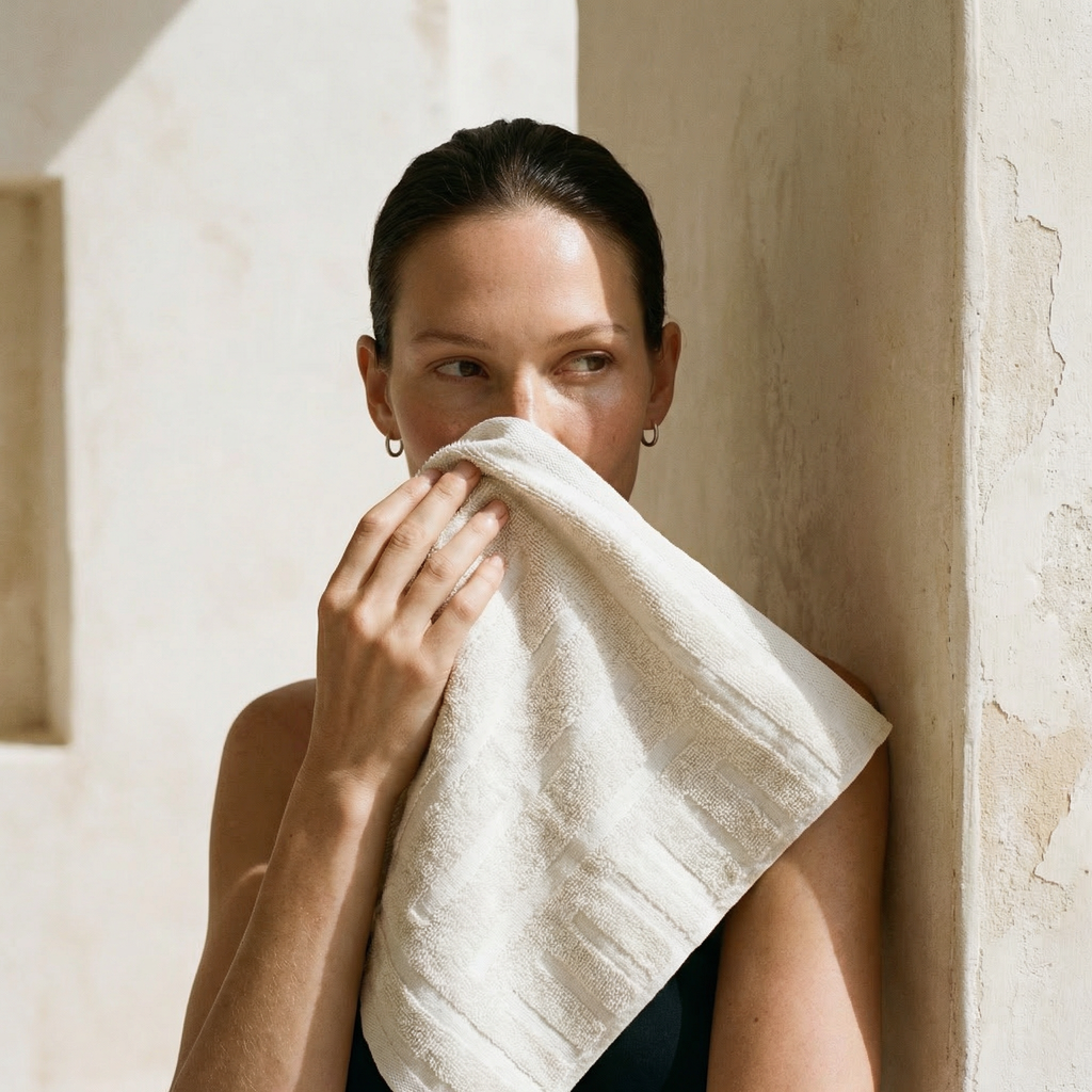 Ecru towel covering shoulder; model holding towel to cheek