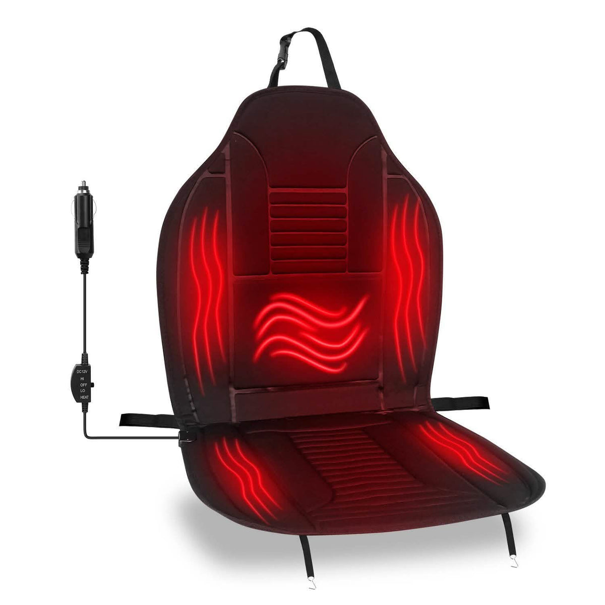 Car heated seat cushion with red LED heat display and adjustable straps