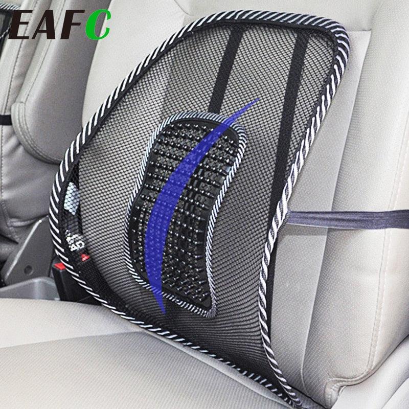 Black mesh lumbar support cushion pad with massage knob, blue accents, white piping