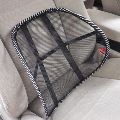 Black mesh lumbar support cushion pad with bold crisscross stitching, white piping