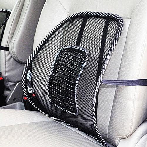 Black mesh lumbar cushion pad with textured massage center, white-trim edge, blue stripe