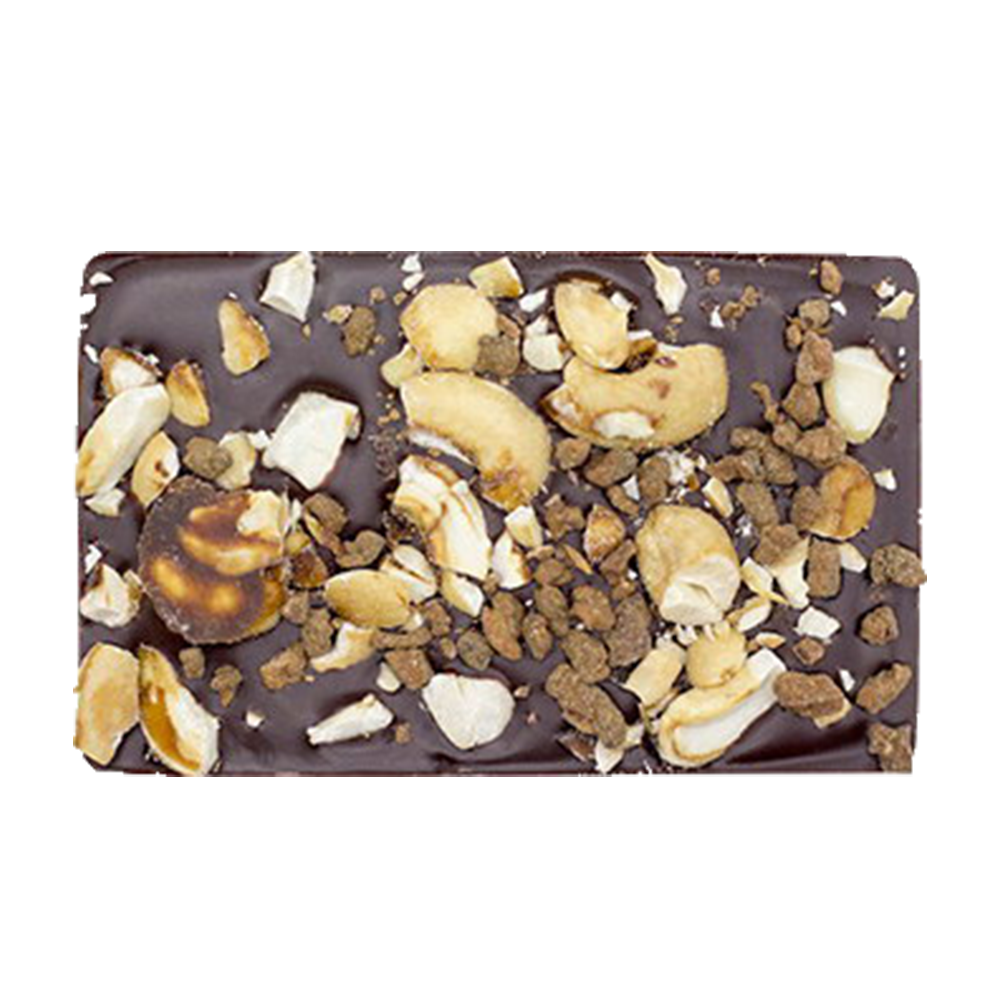 Dark chocolate bark topped with coconut caramel pieces and crushed cashews