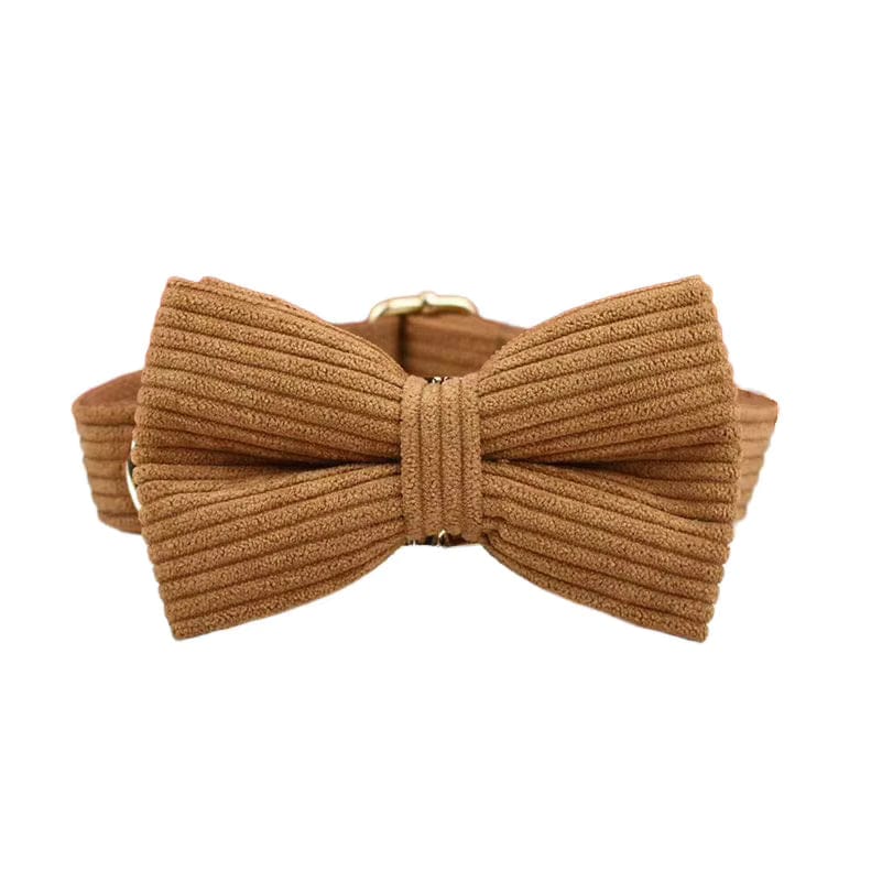 Caramel corduroy bowtie with center band and adjustable attachment loop