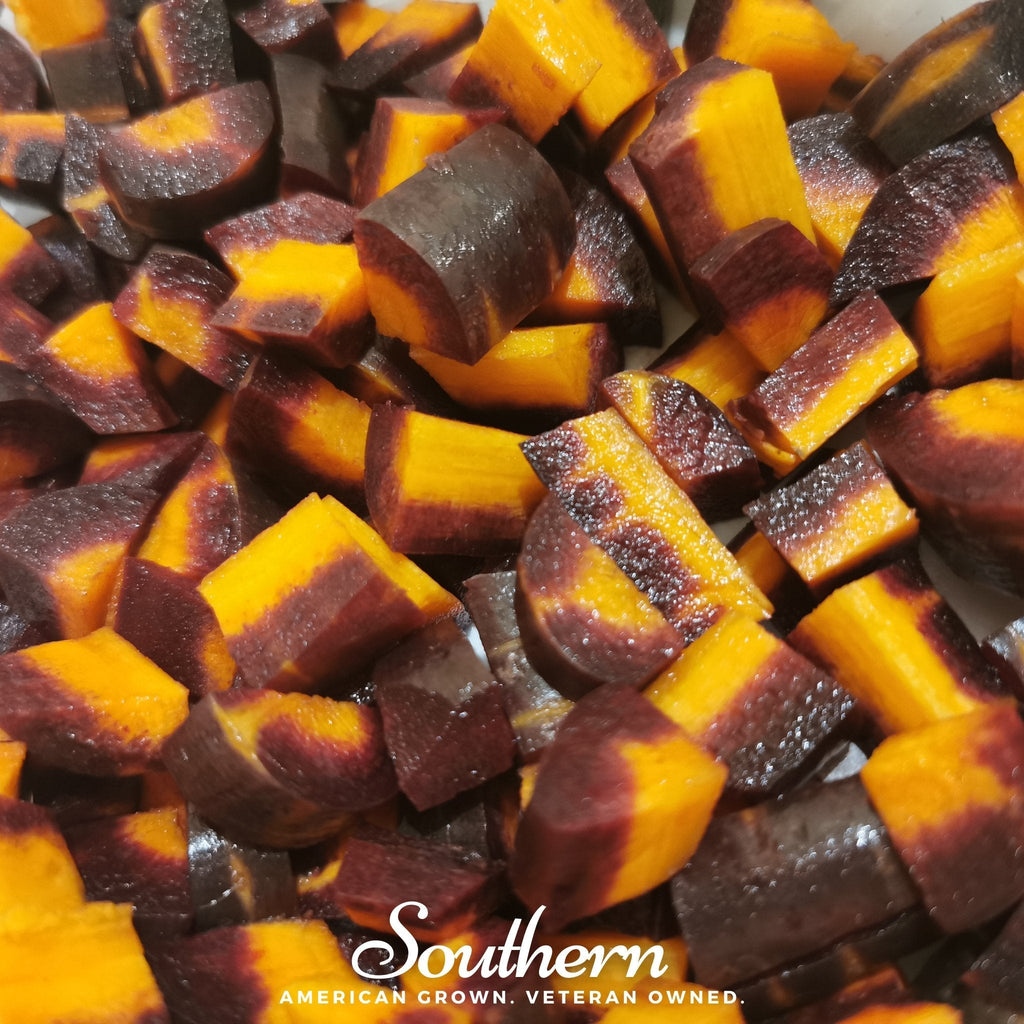 Diced purple and orange carrot pieces