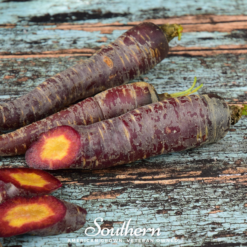 Purple carrots with orange cut ends on rustic wood