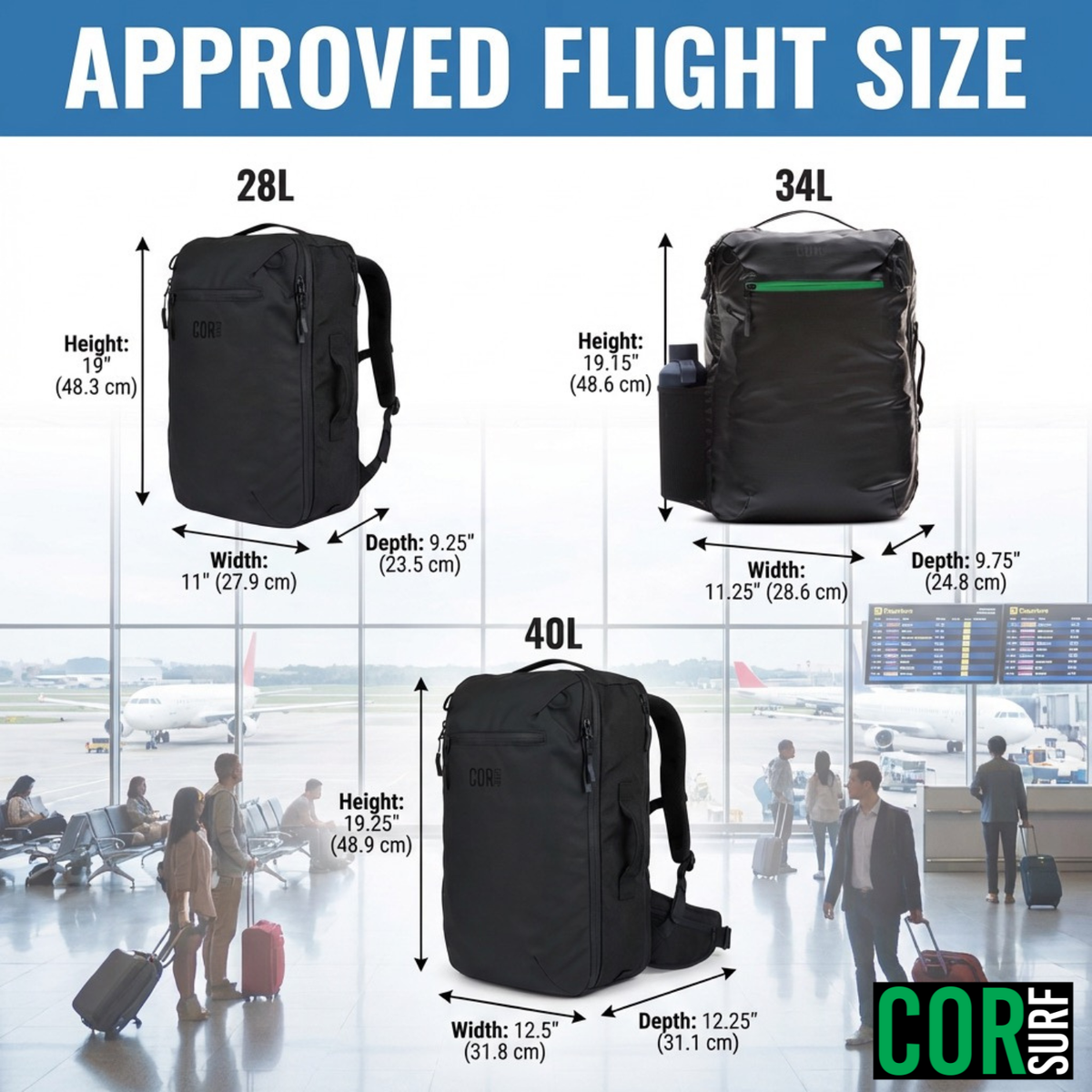 28L travel backpack with flight-size measurement diagram and carry-on sizing comparison