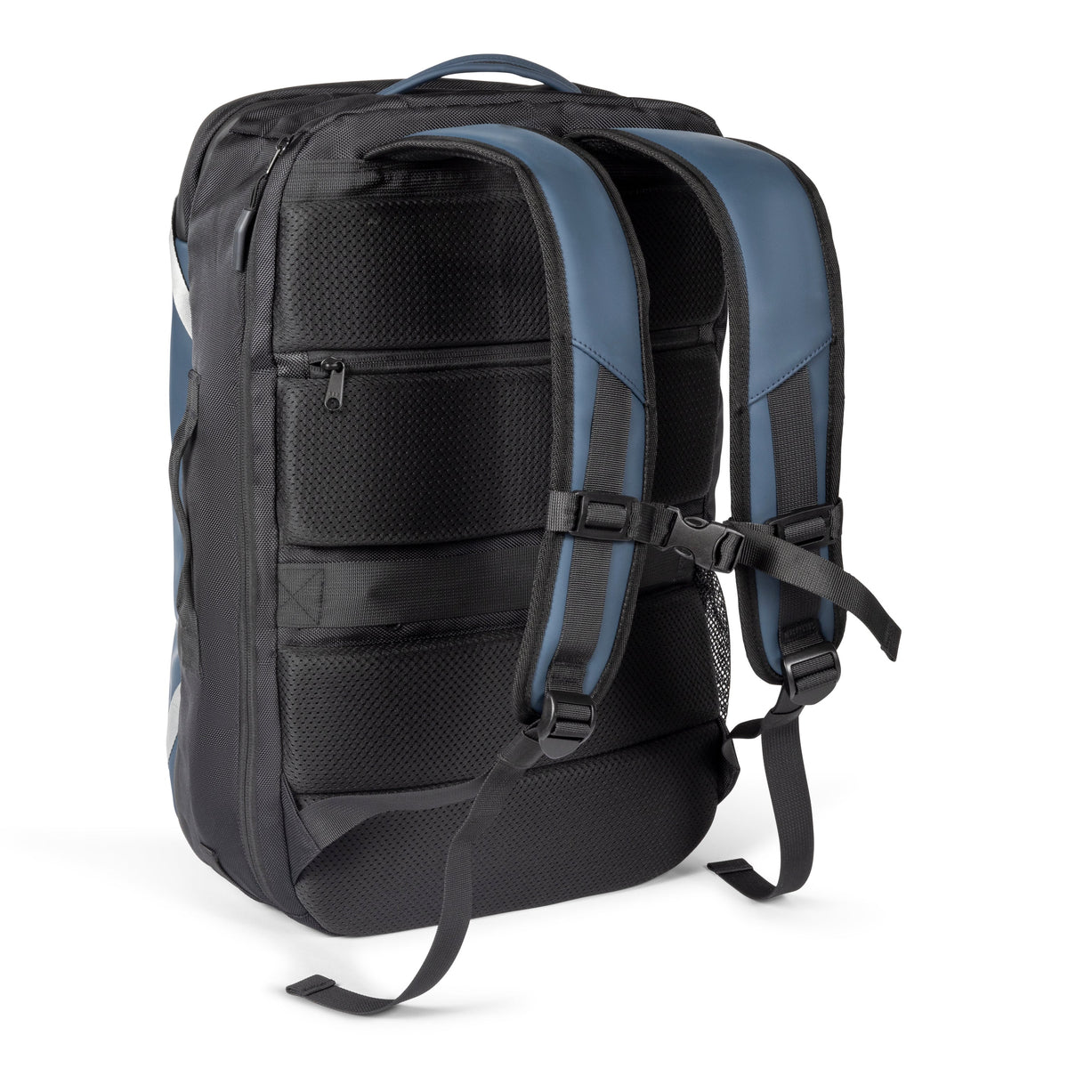 28L travel backpack side view in dark fabric with blue trim, padded front panel and straps