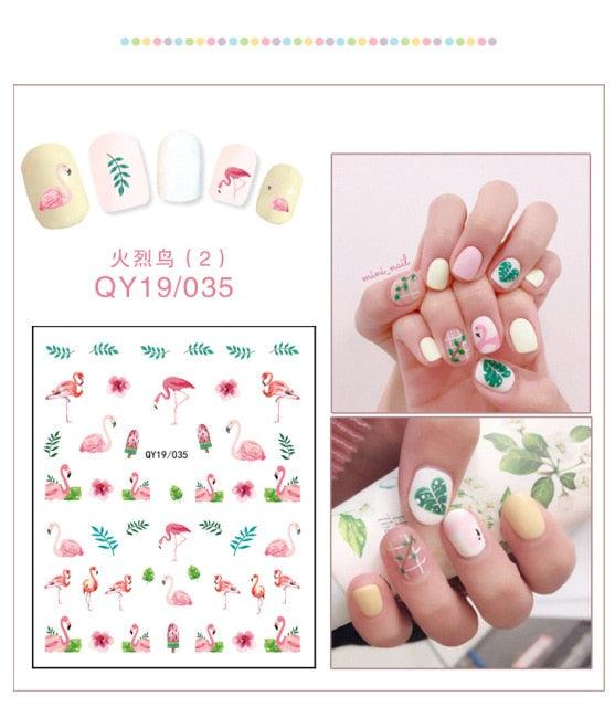 Flamingo and flower nail stickers sheet with pink birds and floral accents
