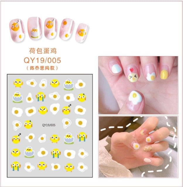 Cute chick and sunny egg nail stickers with yellow faces and drops