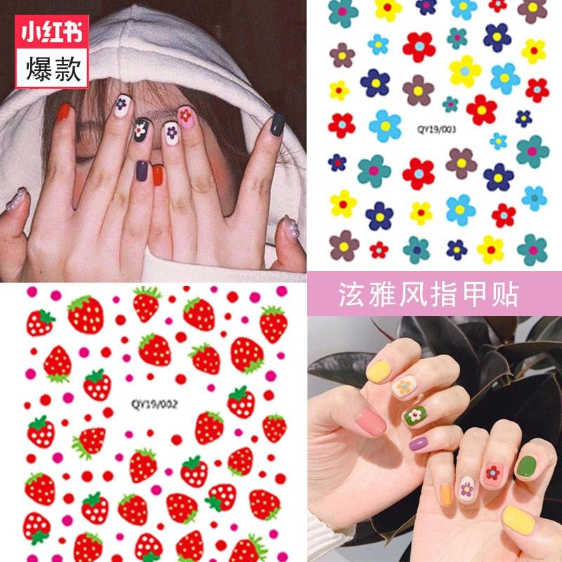 Multicolor flower 3D nail sticker sheet with tiny hearts and star accents