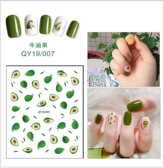 Green avocado nail stickers sheet with avocado icons and matching nail designs