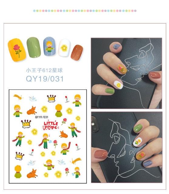 Character and animal nail sticker sheet with crowns, fox, and small cute icons
