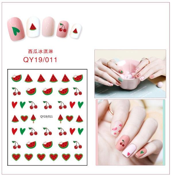 Fruit-themed nail sticker sheet with watermelon, cherries, strawberries, and hearts