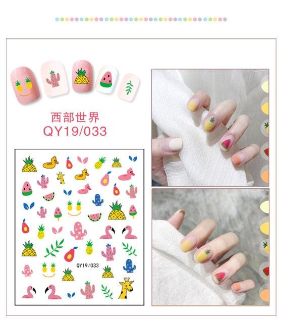 Plant-themed nail sticker sheet with cactus, pineapple, flowers, and watermelon