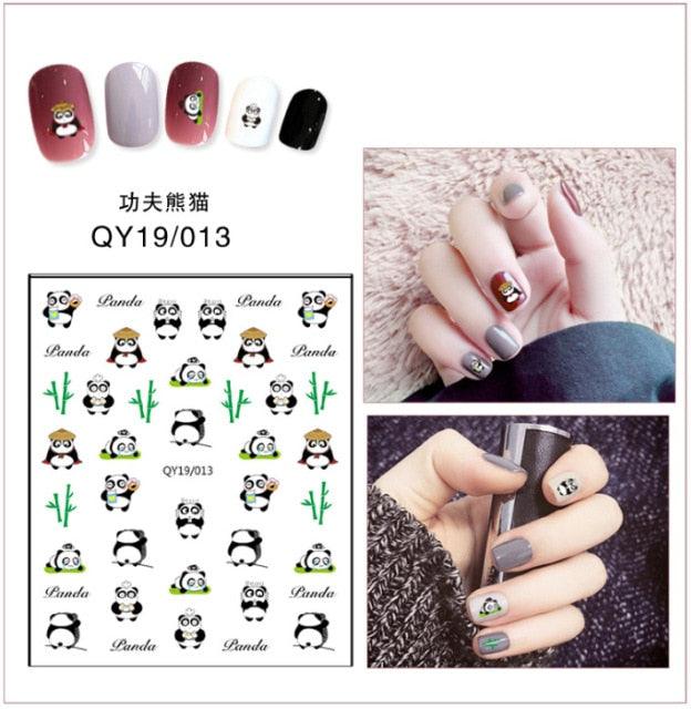 Panda animal nail sticker set with bamboo icons and small paw prints