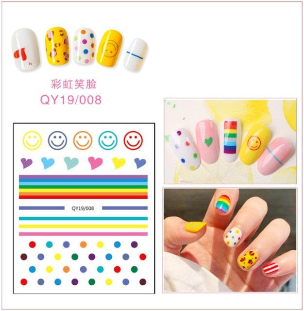 Smiley face and rainbow nail sticker set with dotted patterns and stripes