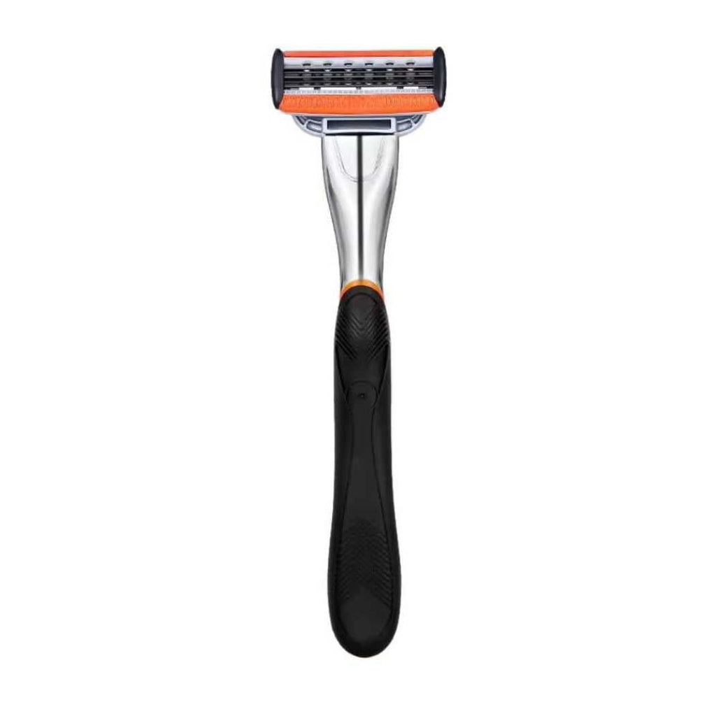 Black-handled cartridge razor with orange-accent 5-blade shaving head