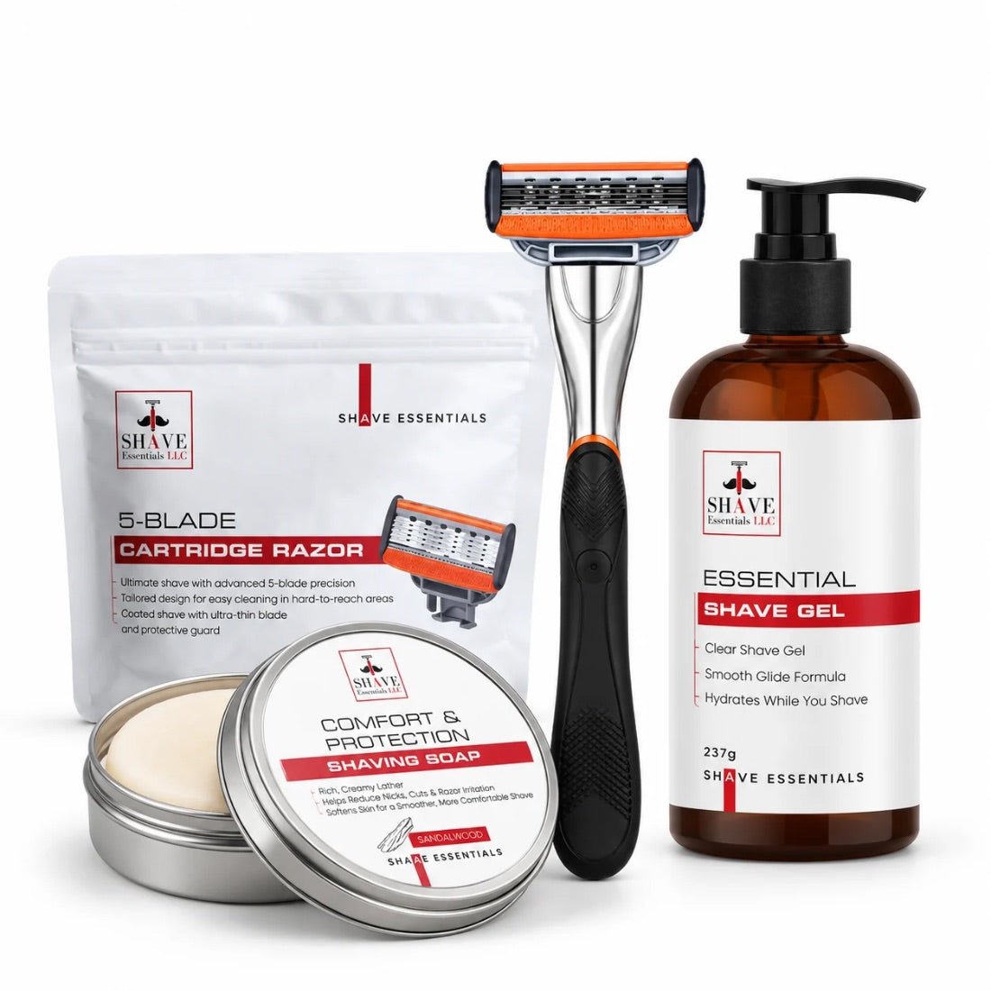 Cartridge razor kit set with 5-blade razor, shaving gel, shaving soap, and pouch
