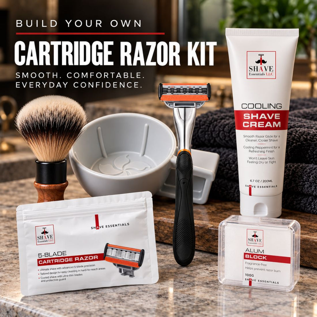 Cartridge razor kit with 5-blade razor, shaving cream, shaving soap, and storage items
