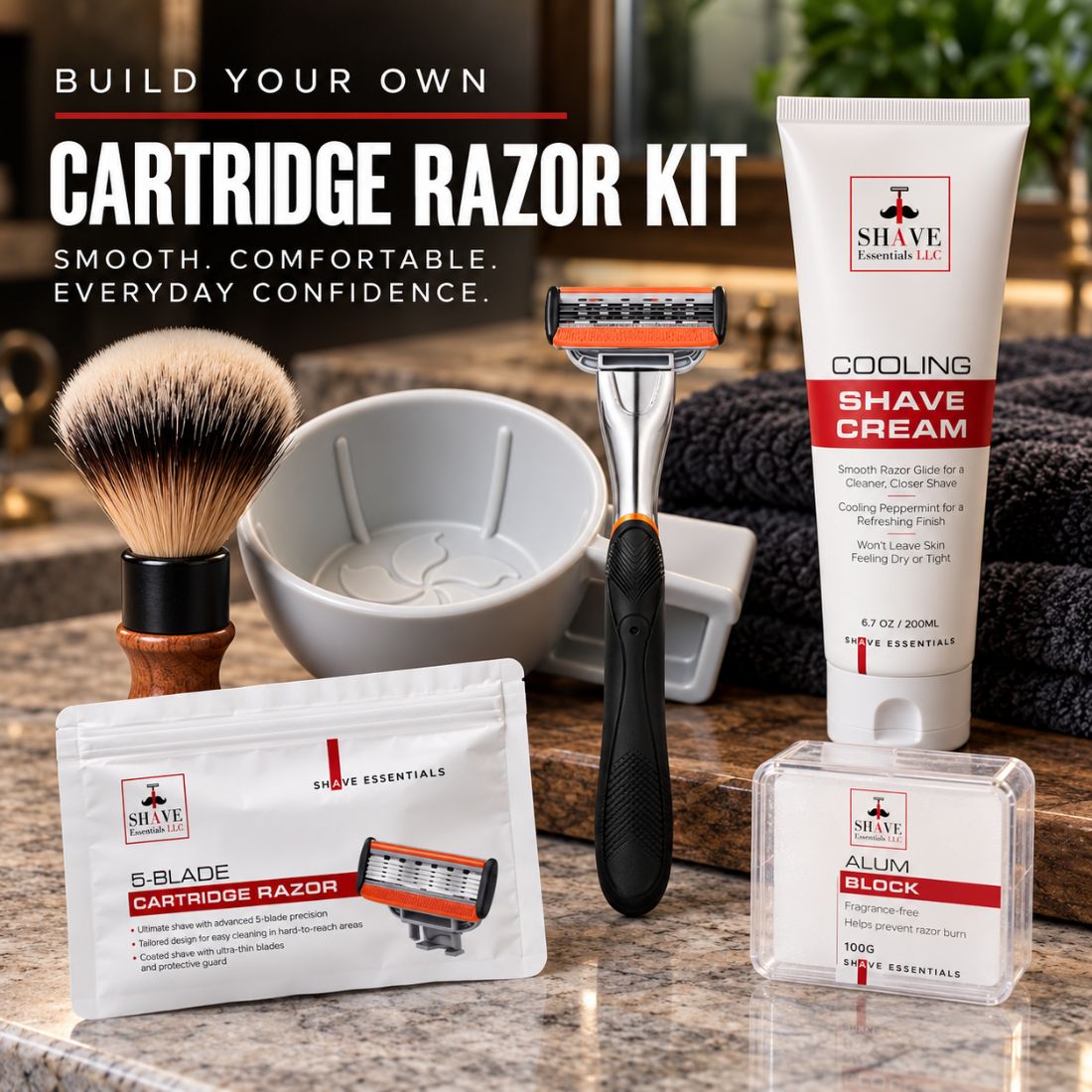 Cartridge razor kit with 5-blade razor, shaving cream, shaving soap, and storage items