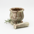 Carved onyx mortar and pestle set with curved pestle, veined green and brown