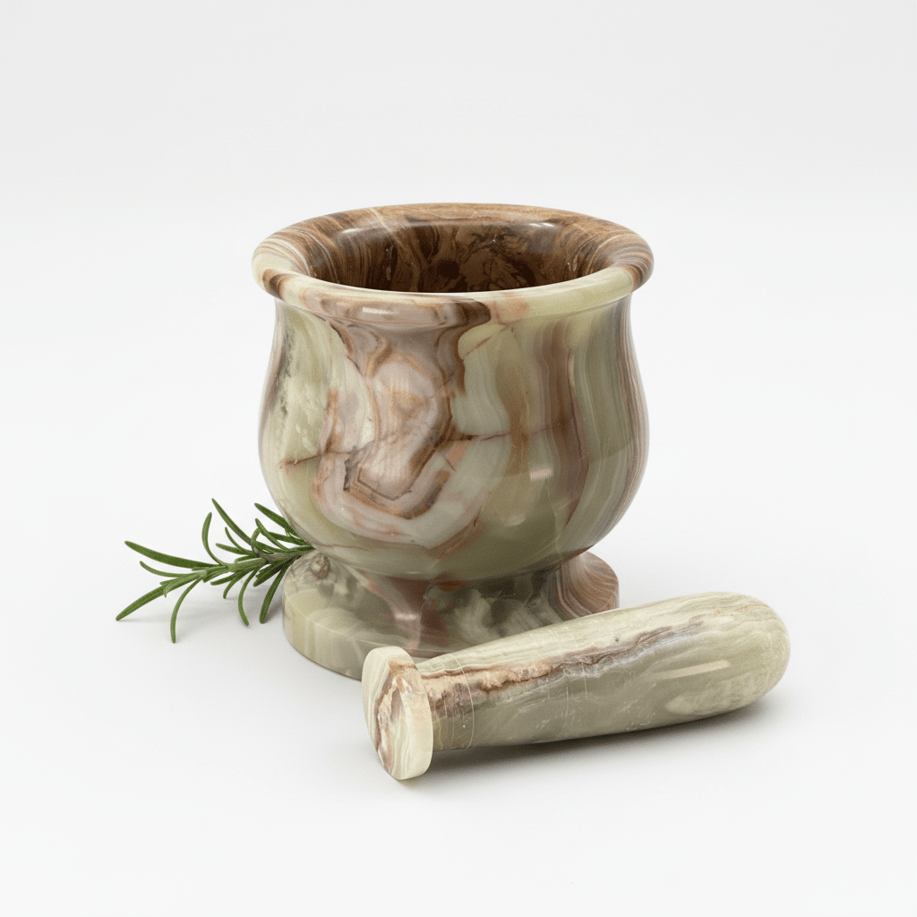 Carved onyx mortar and pestle set with curved pestle, veined green and brown