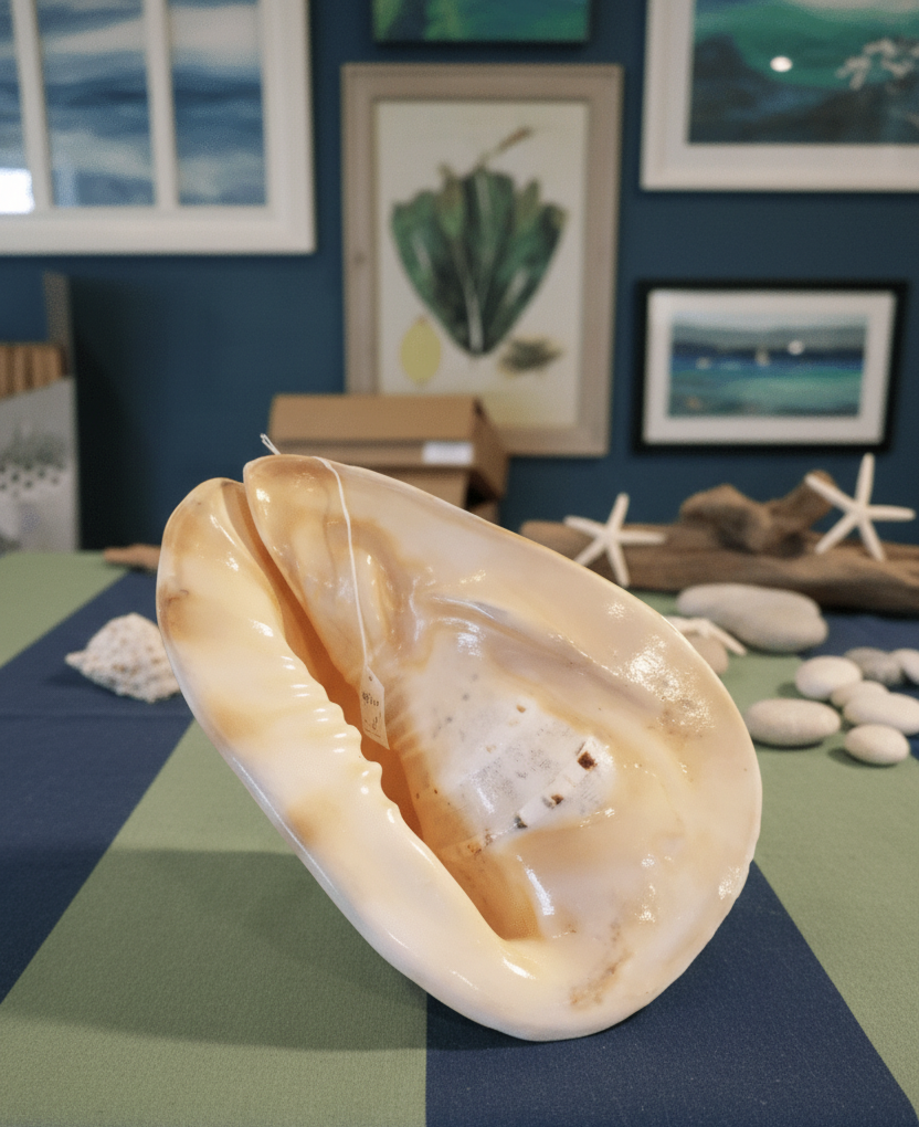 Cream horned helmet shell display, glossy surface and ridged interior
