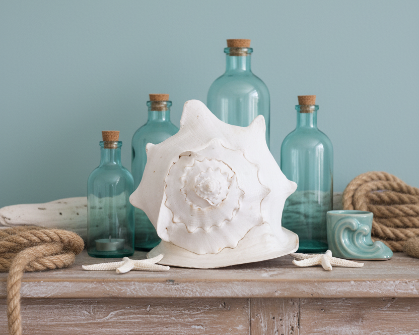 Horned helmet shell decor on tabletop, spiral rosette motif and ridges