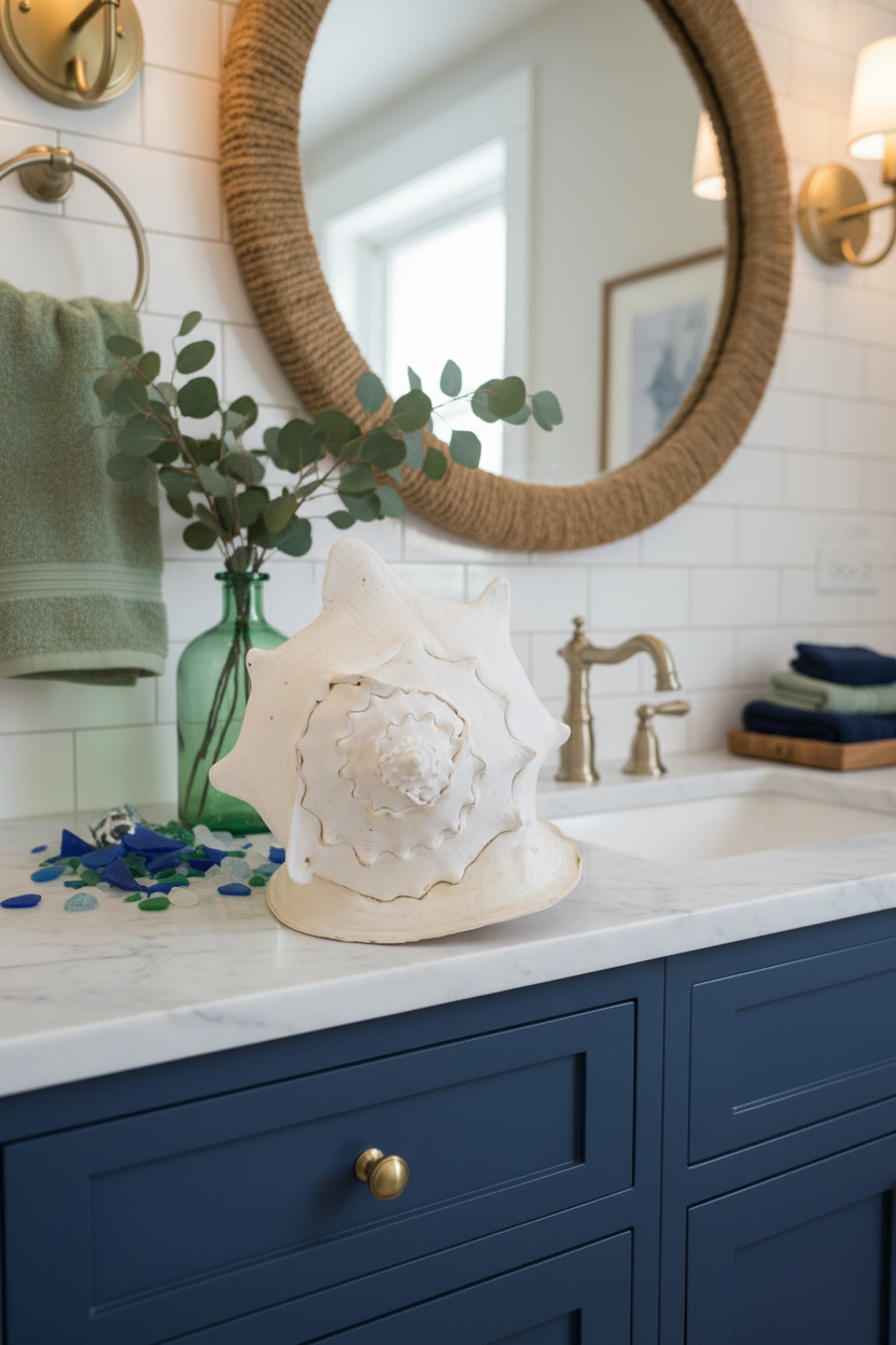 Horned shell decor piece on pedestal with circular spiral detail