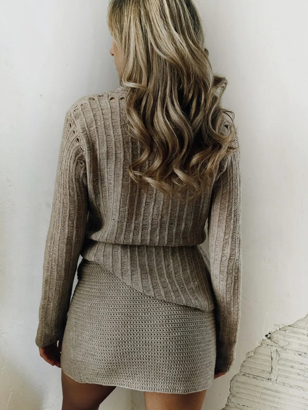Mocha knit sweater jacket cardigan with ribbed knit texture and long sleeves