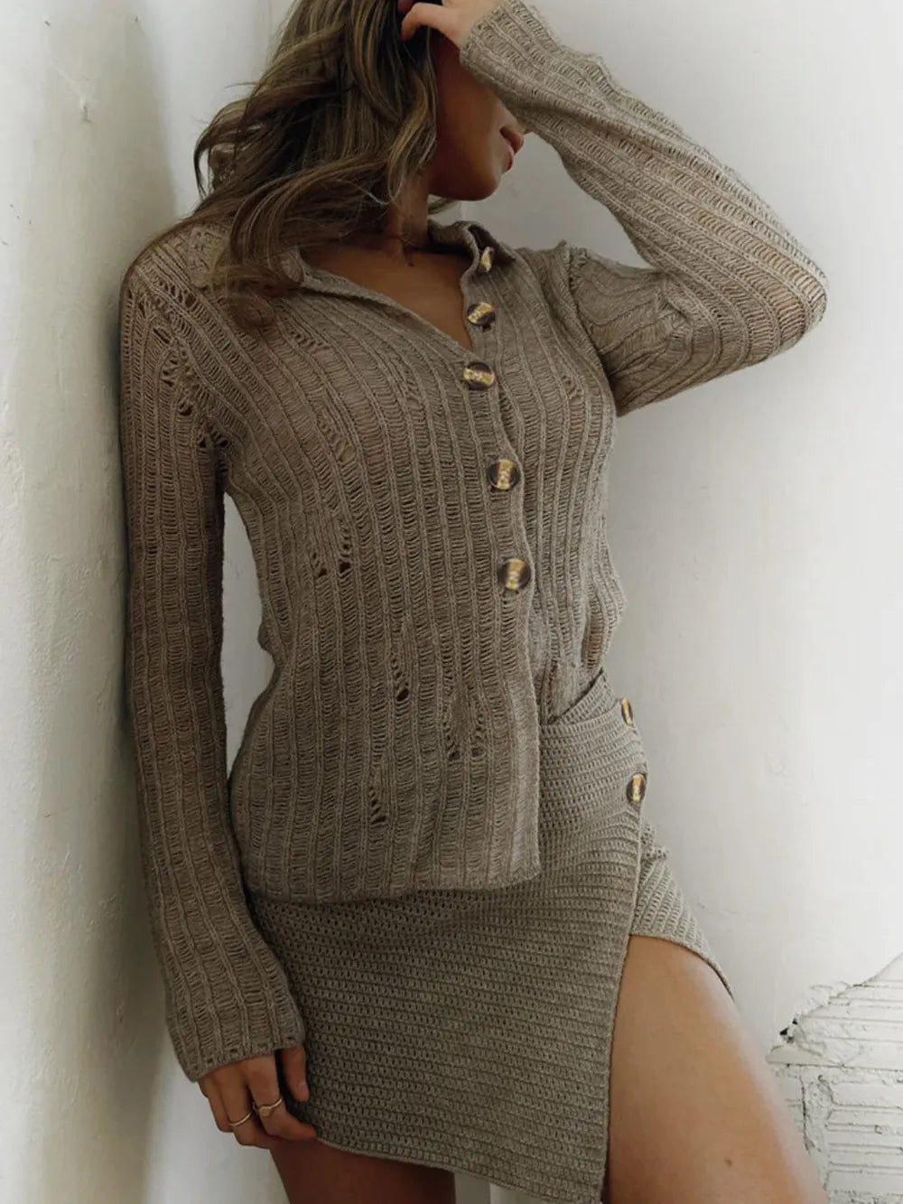 Mocha knit sweater jacket cardigan with pointed collar, button front, and long sleeves