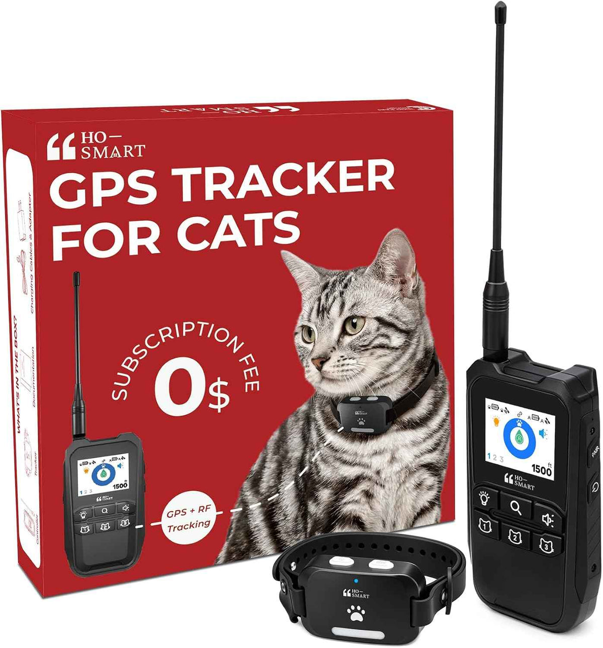 Cat GPS tracker kit with handheld receiver, collar unit, and retail box