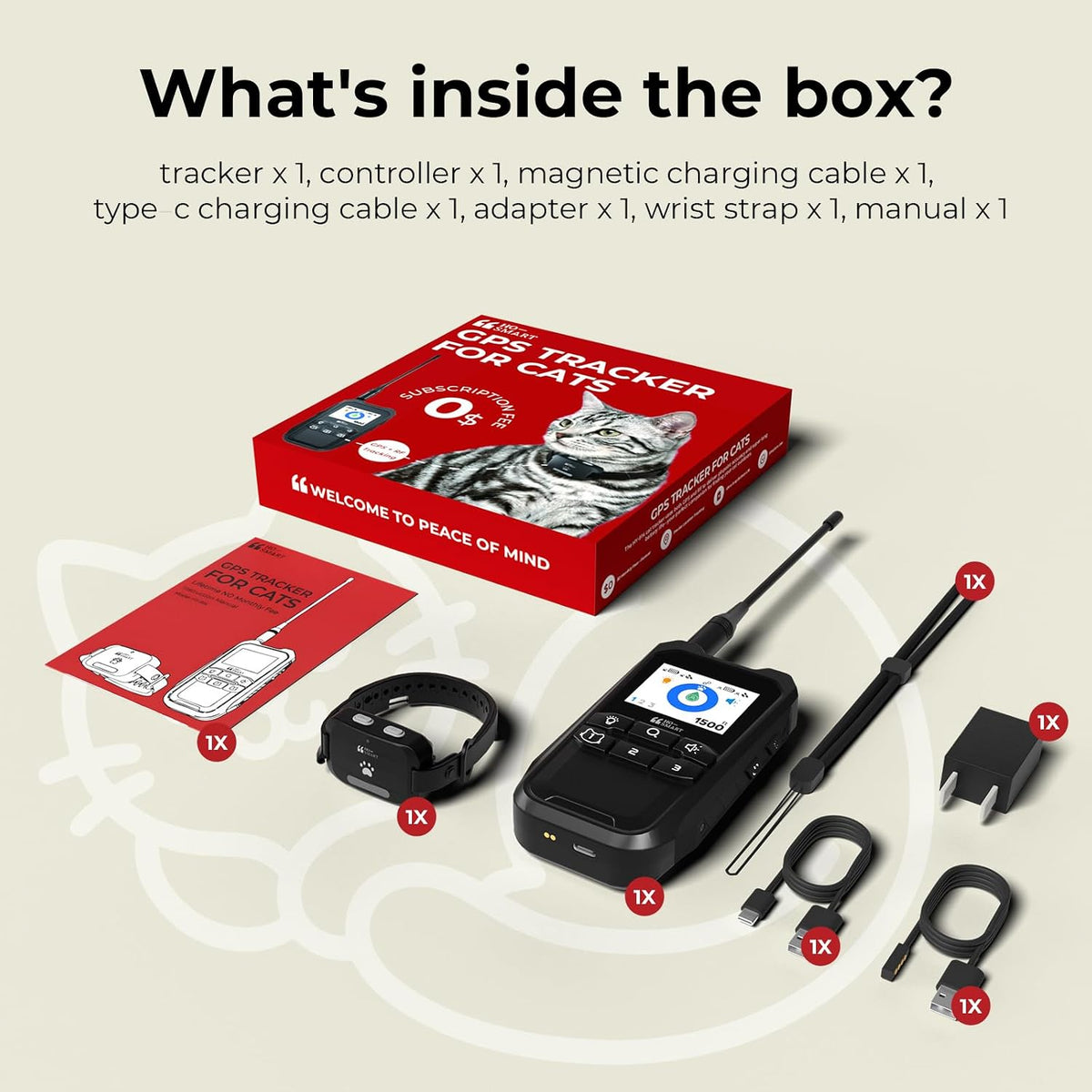 Cat GPS tracker kit contents, including receiver, collar unit, cables, adapter, strap, and manual