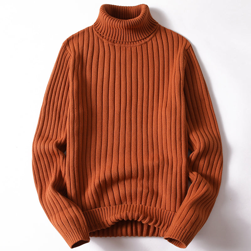 Rust orange ribbed turtleneck sweater with long sleeves