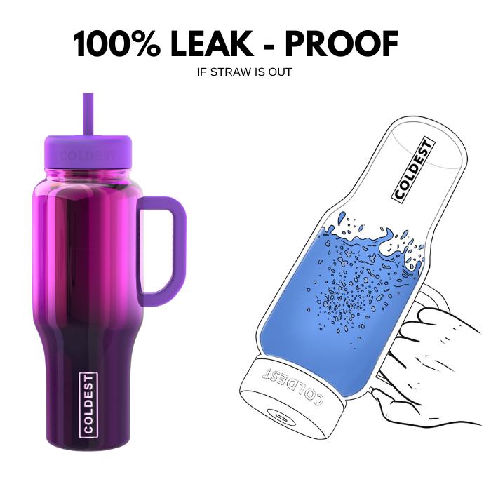 24oz purple tumbler with handle and straw, leak-proof lid design illustration