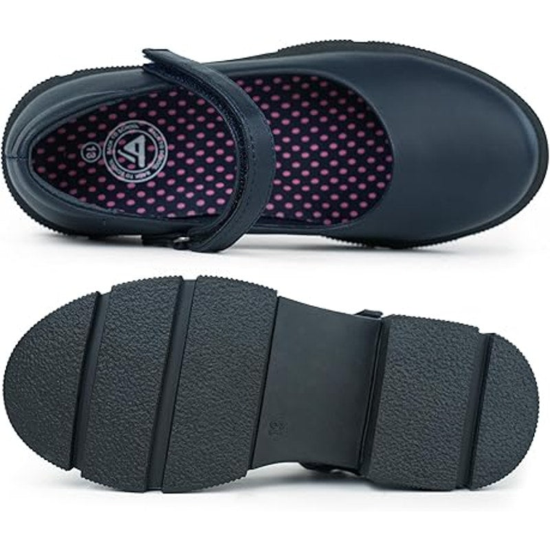 Navy toddler Mary Jane shoes with circular logo, low-profile sole, pink dot lining