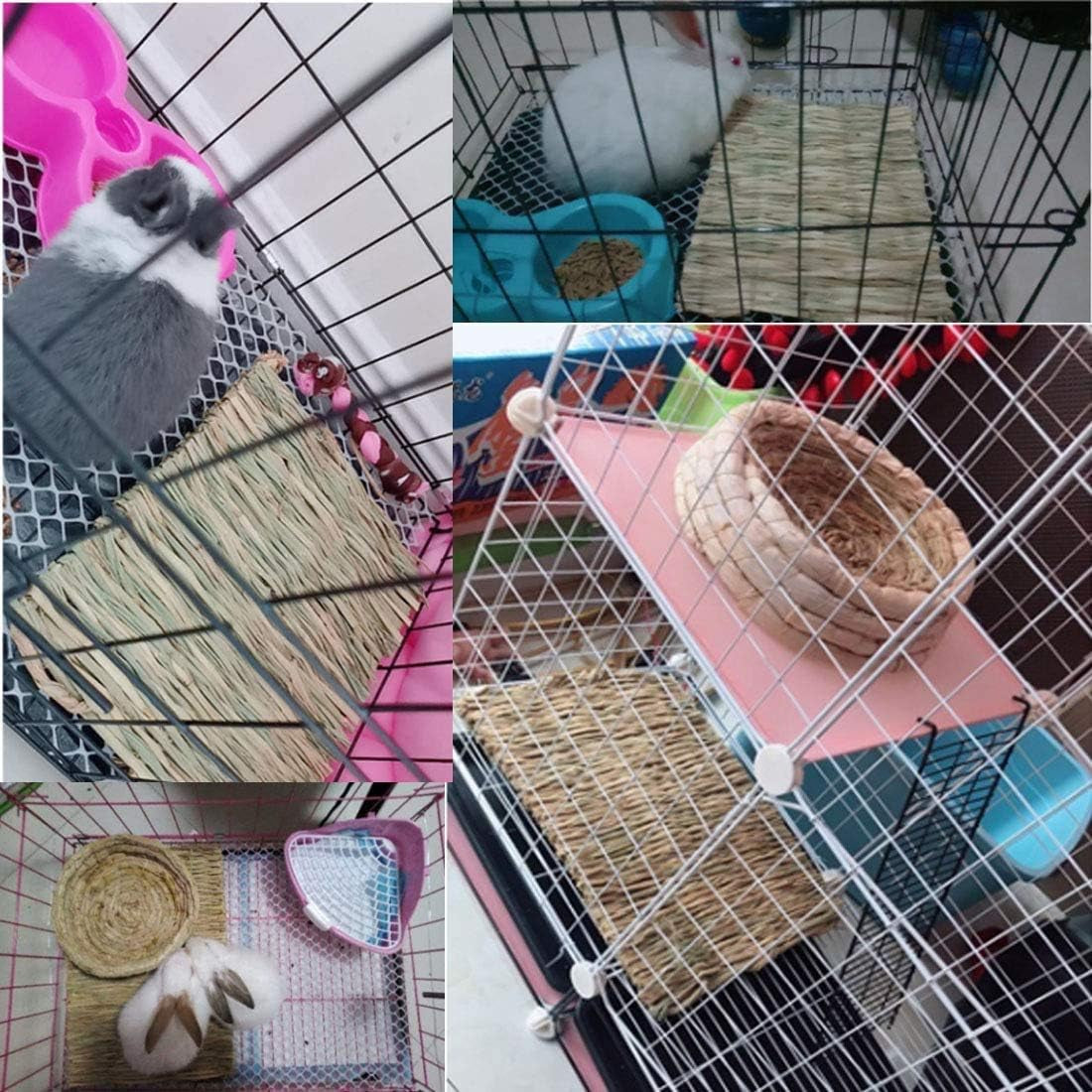 Grass woven pet bed mats in a metal cage, straw surface with fringe edges
