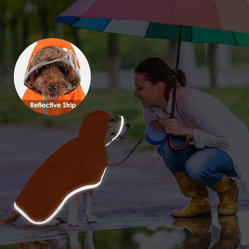 Orange hooded dog raincoat with reflective strip detail
