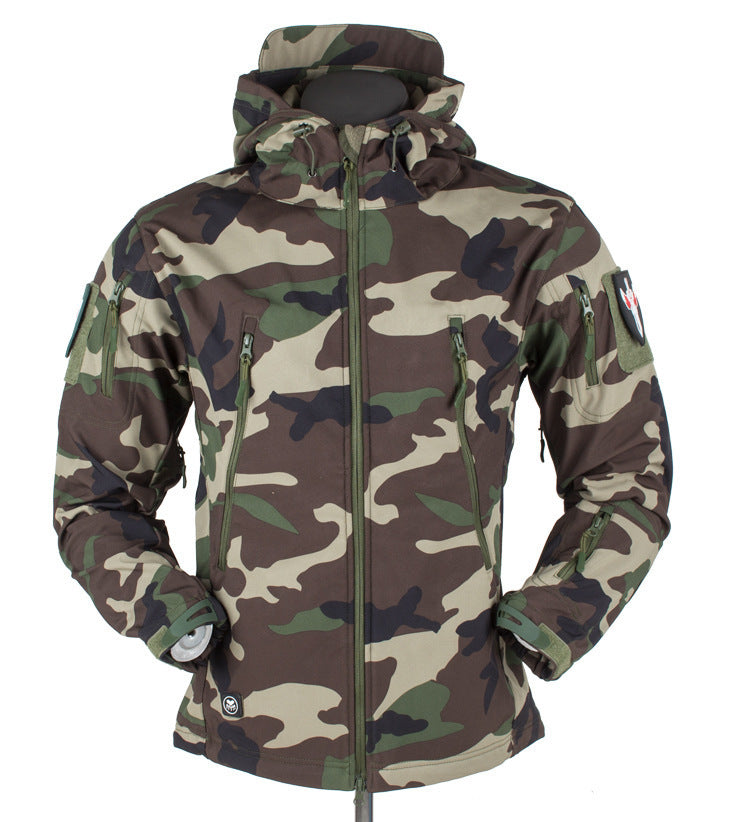 Three-in-one all-weather shell jacket in camouflage with zip front and hood