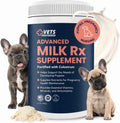 Vets Preferred puppy milk replacer tub with colostrum, shown with powder and two puppies