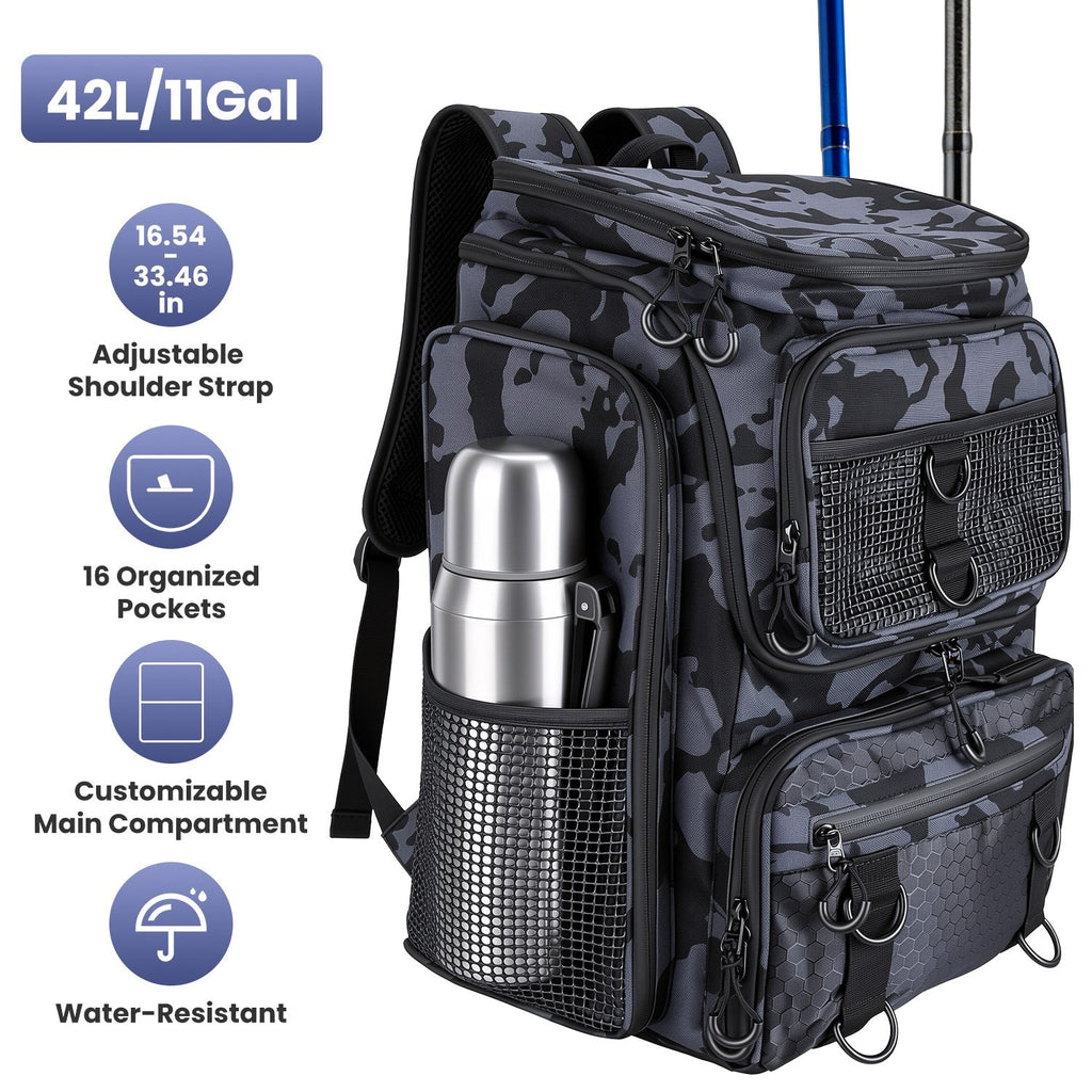 Camo fishing tackle backpack with adjustable shoulder strap, mesh front pouch, and side rod holder