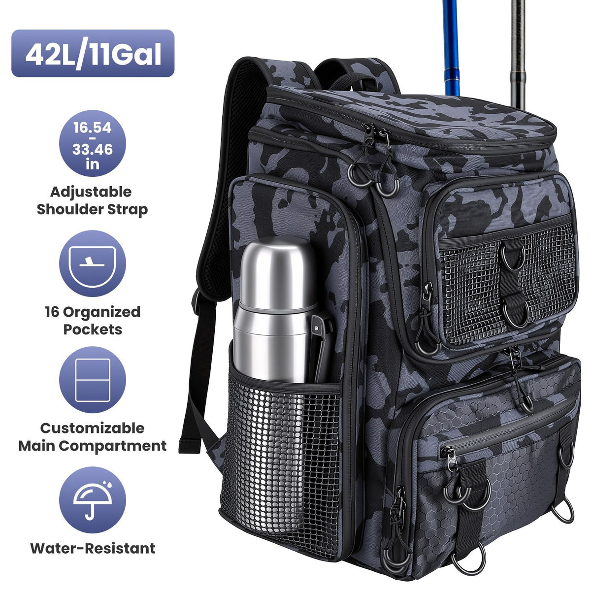 Camo fishing tackle backpack with adjustable shoulder strap, mesh front pouch, and side rod holder