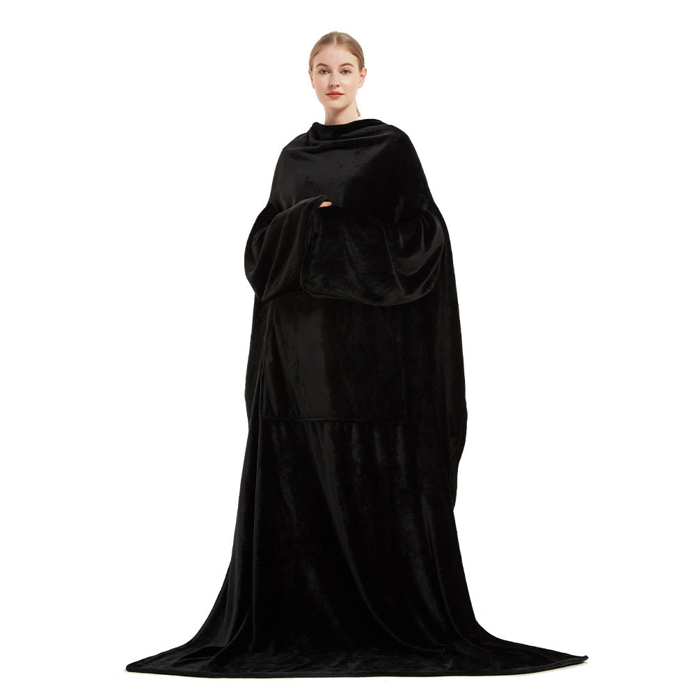 Black long plush robe blanket with hood and wide sleeves