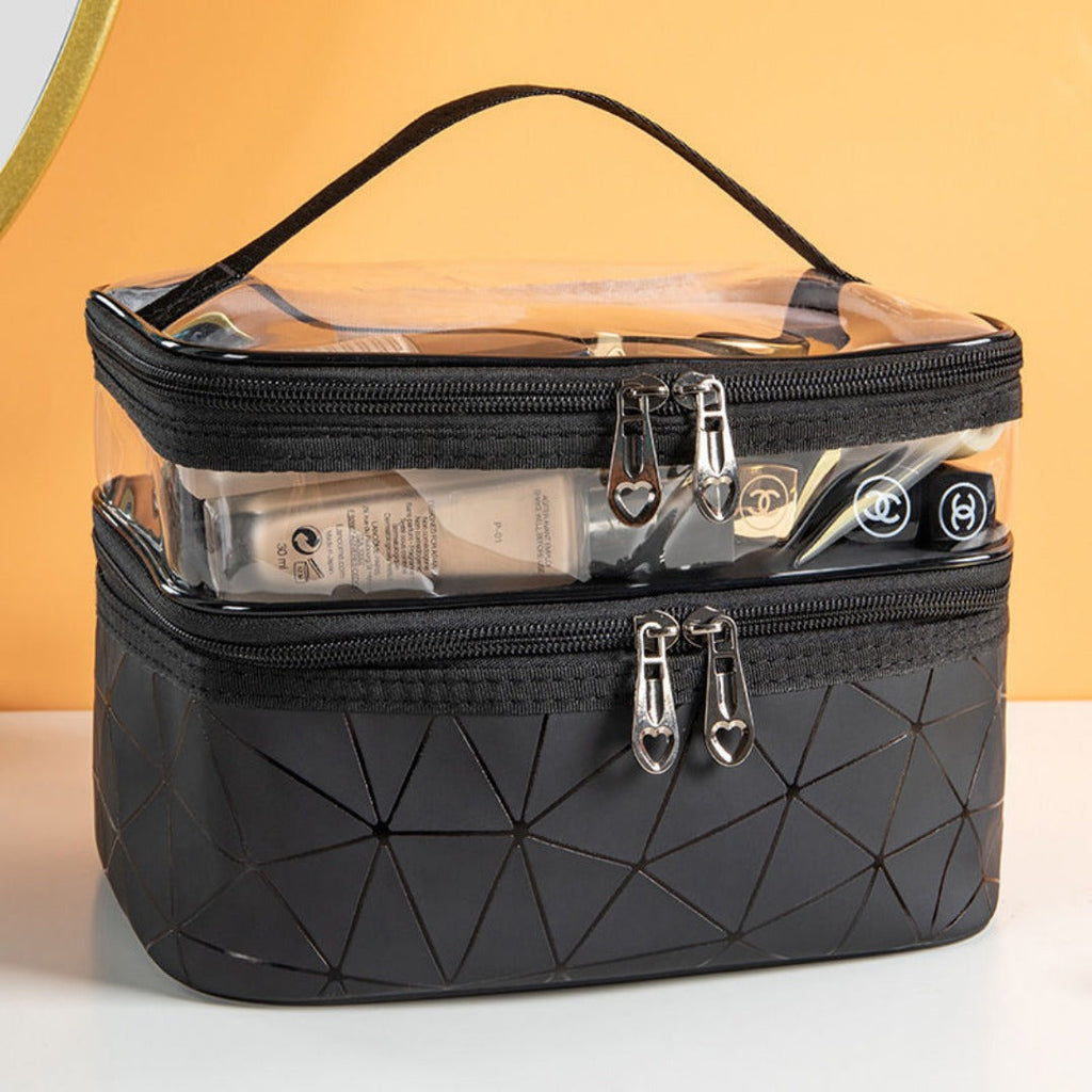 Double-layer clear cosmetic bag with black zipper and dark geometric pattern base
