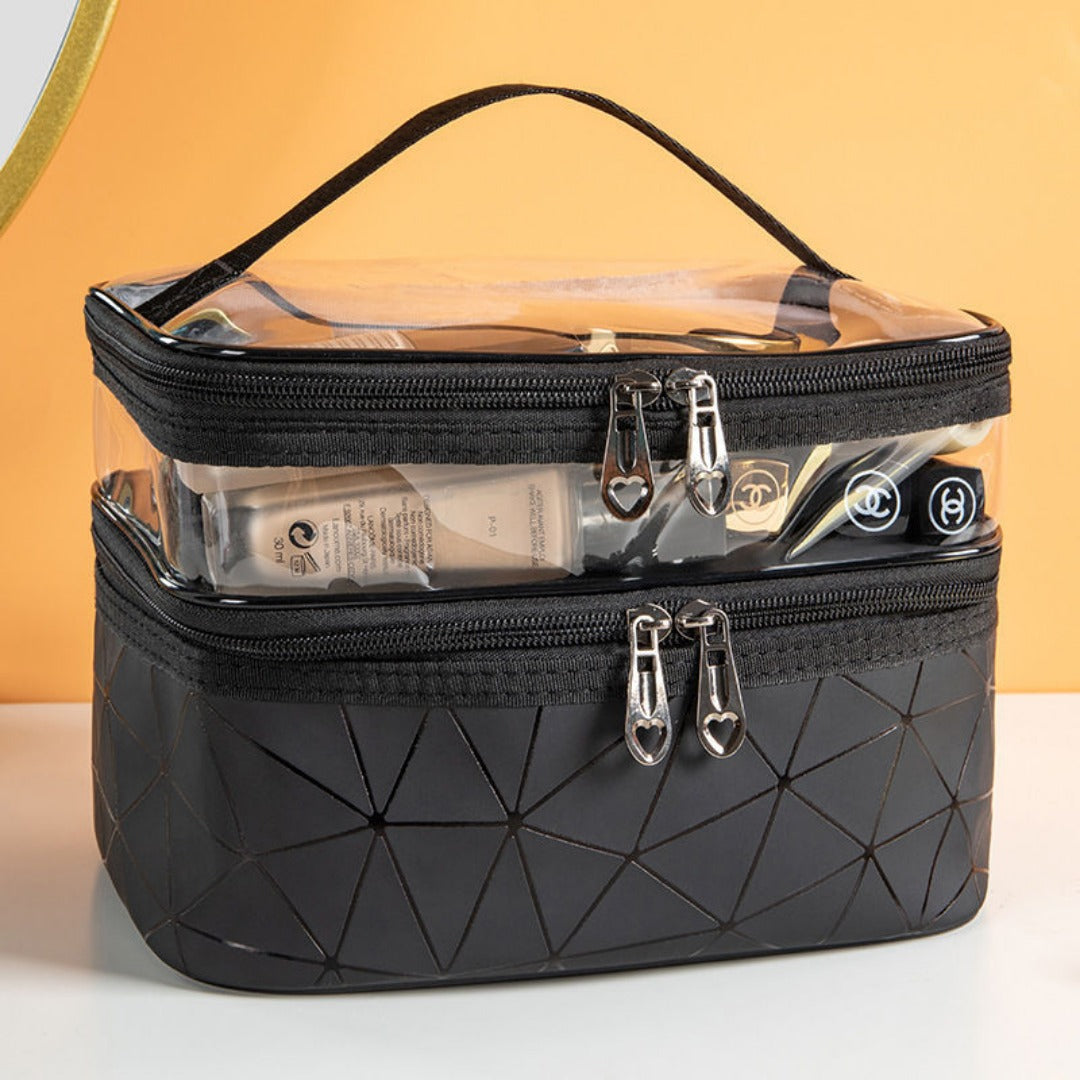 Double-layer clear cosmetic bag with black zipper and dark geometric pattern base